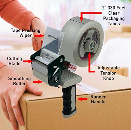 iMBAPrice Packing Tape Dispenser Gun with 2" x 110 Yard Clear Tape, Handheld Shipping Tape Gun with Non-Slip Rubber Handle for Moving, Packing & Storage, 1 Pack - size: 2" Tape Gun (1-Pack)