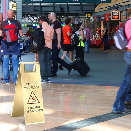 LEIFIDE 1 Pcs Wet Floor Signs, Bilingual Stainless Steel,Gold - color: Gold