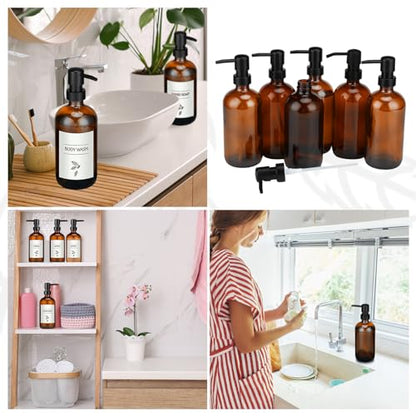 6 Pack Amber Glass Soap Dispenser with Plastic Pump, 16 oz