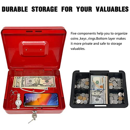 Steel Cash Box with Key Lock, Metal Small Money Organizer with Money Tray,Cash Storage Box with Lockable Cover (Red - 10 inch) - color: Red - 9.8" x 7.8" x 3.3"