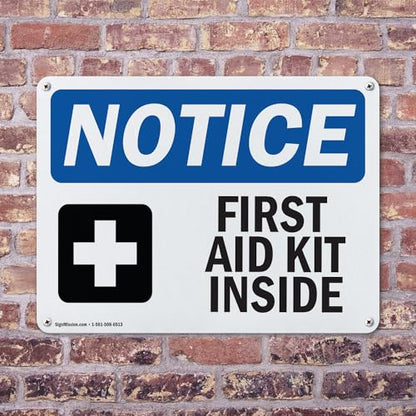 (2 Pack) First Aid Kit Inside OSHA Notice Sign 10 Inch X 7 Inch Plastic Sign, Weather Resistant, UV Protected for Workplace, Business, and Construction Site, Made in the USA - size: 10 Inch X 7 Inch, style: Plastic