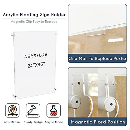 Acrylic Sign Holder 24 inch x 36 inch Wall Mounted Standoff Poster Frame Magnetic Clip On Floating Frame for Office, Home, Boutique, Lobby, Retail Store, School