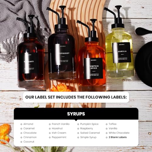 Molimoli Coffee Syrup Dispenser Set of 4, Glass Bottles with Pump, Maple & Coffee Syrup, Black - color: Black, size: 500ml, Set of 4