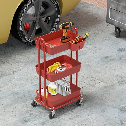 Simple Houseware 3-Tier Rolling Utility Cart with Hanging Bucket, Red - color: Red, size: 3-Tier