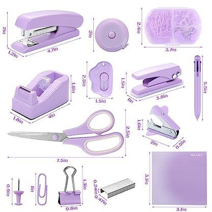 Purple Desk Accessory Kit Cute Office Supplies Set Desktop Stapler Set Includes Staple Remover Hole Punch Tape Dispenser Ballpoint Pen Scissor Mini Box Cutter Tape Measure Paper Clips Sticky Notes - color: Purple