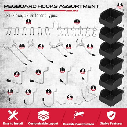 Ultimate 121-Piece Pegboard Hooks Set, Pegboard Accessories with Metal Hooks, Durable Peg Board Organizer Accessories, Pegboard Bins, Peg Board Tool Utility Hooks - color: 121 pcs -Black