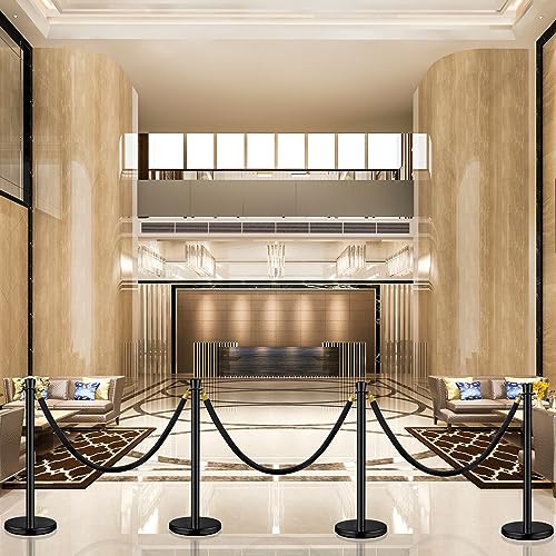 Wesiti 6 Pcs Stainless Steel Stanchion Post Queue with Crown Top 5 ft and 3 Pcs Velvet Rope and Poles Crowd Control Barriers Sand Injection Hollow Base and Velvet Ropes Set for Party (Black) - color: Black