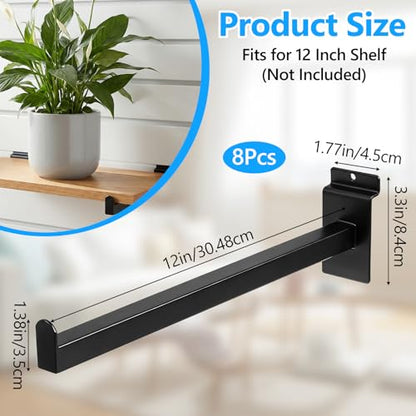 8 Pcs Black Slatwall Shelf Bracket, 12 Inch Metal Slat Wall Shelves Accessories, Heavy Duty Slat Wall Hooks, Slatwall Display Hangers for Storage and Organization