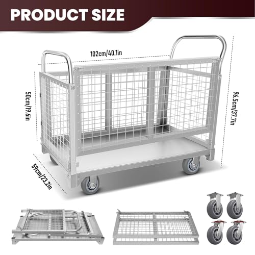Platform Truck Cart with Cage, 5-in-1Heavy Duty Flatbed Cart, Load 3500LBS with 5" Swivel Casters, Multi-Functional Push Cart for Grocery, Laundry, Pantry, Shelving