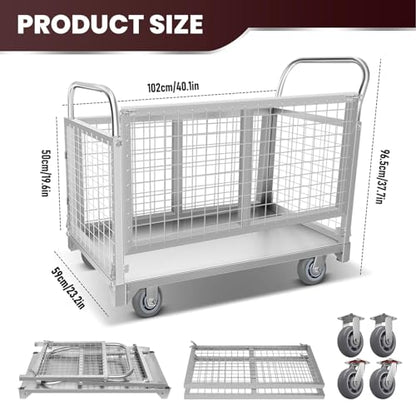 Platform Truck Cart with Cage, 5-in-1Heavy Duty Flatbed Cart, Load 3500LBS with 5" Swivel Casters, Multi-Functional Push Cart for Grocery, Laundry, Pantry, Shelving