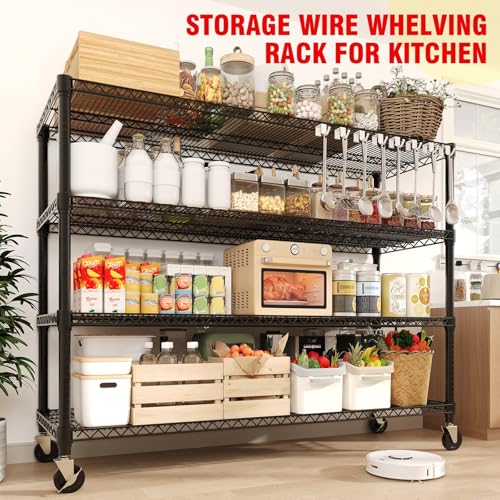 GarveeTech 4-Tier Wire Storage Shelves with Wheels, 2640LBS Heavy Duty Metal Shelving Unit with Adjustable Storage Shelves for Home, Pantry & Warehouse, Easy Assembly, 71.8" H x 59W x 17.7" D