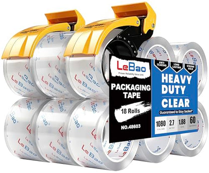 Heavy Duty Packing Tape with Dispenser, Strong HD Clear Packaging Tape, 18 Rolls 1.88 in. x 60 yd. x 2.7MiL, Secure Sealing for Cardboard Moving Boxes Shipping Supplies - size: 18-PACK, 60yd.x 1.88'' x 2.7mil thick