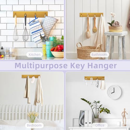 VIS'V Key Holder Wall Mount, Large Adhesive Key Hanger with 4 Hooks, Gold - color: Gold