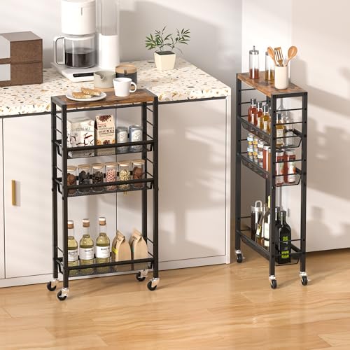 Slim Rolling Cart, 4-Tier Narrow Kitchen Storage Cart, Slim Utility Cart on Wheel, Skinny Bathroom storage cart with Wood Tabletop, 6.0" Deep, For Kitchen, Dining Room, Living Room, Laundry Room - color: Rustic Brown
