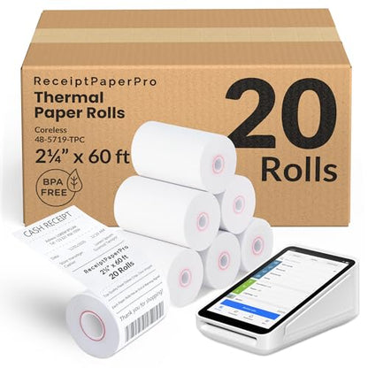 2 1/4” x 60 ft Coreless Thermal Paper Receipt Rolls for Square Terminal, 20 Rolls