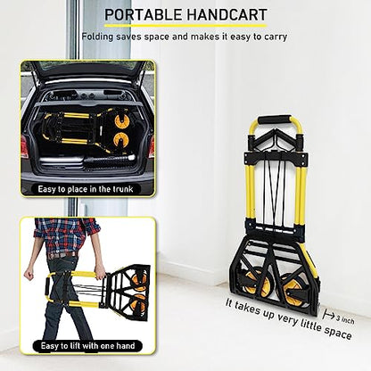 Folding Hand Truck and Dolly, 440lbs Capacity Portable Luggage Dolly Cart with Rubber Wheels and Retractable Handle, Aluminum Foldable Hand Cart for Transportation/Luggage/Mobile/Travel/Office Use - color: Yellow