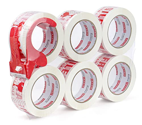 JIALAI HOME Fragile Tape Handle with Care Packing Tape 6 Rolls, Heavy Duty Shipping Box Sealing Tape with Dispenser, 2 Inch x 330 Feet (110 Yards) for Shipping and Moving Boxes