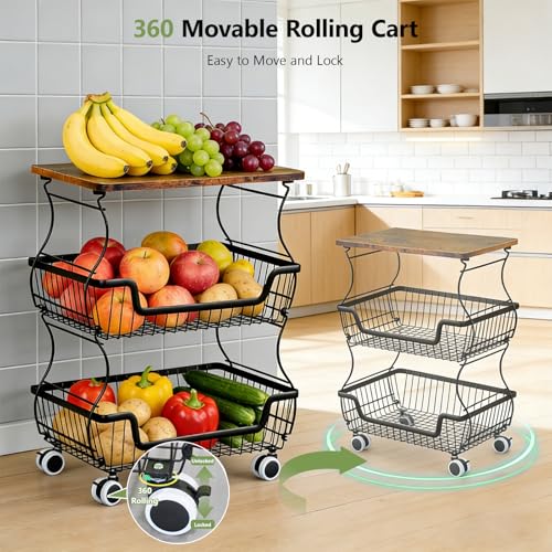 Pantry Floor Organizeron with Wheels, 3 Tier Rolling Fruit Vegetable Basket for Kitchen Stackable Wire Basket Stand for Home Removable Metal Vegetable Rack Wire Snack Cart