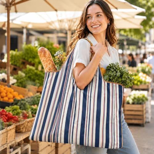 Reusable Shopping Bag, 16 x 16 inch Large Foldable Grocery Hand Tote, Shoulder Waterproof Portable Pocket - color: Mix Stripes
