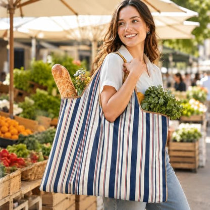 Reusable Shopping Bag, 16 x 16 inch Large Foldable Grocery Hand Tote, Shoulder Waterproof Portable Pocket - color: Mix Stripes