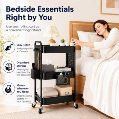 3 Tier Black Rolling Storage Cart Metal with DIY Pegboard and Wheels - color: Classic Black, size: 3 Tier+Pegboard