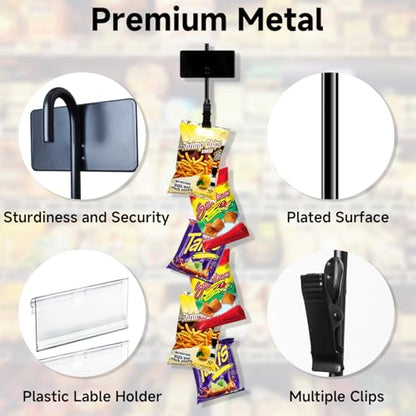 Chip Hanger Strips Hooks Display Hanging 16.5" with 6 Chip Greeting Card Party Merchandise Vendors Potato Bag Holder Snack Candy Portable Retail Organizer Storage Metal with Label Header 4 Pack - style: 6 clips 4 pack