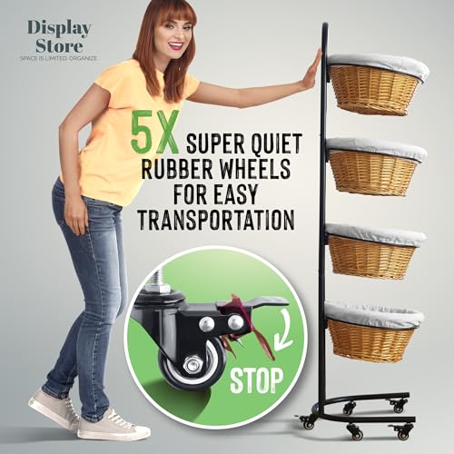 4 Tier Wicker Basket Display Stand for Retail with Wheels and Sign Clips