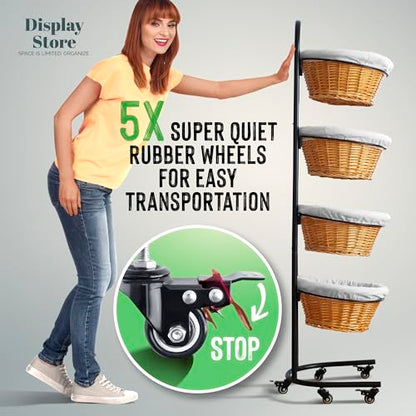 4 Tier Wicker Basket Display Stand for Retail with Wheels and Sign Clips