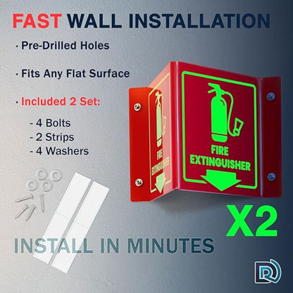 Fire Extinguisher Sign Glow in Dark, 3D Acrylic V Sign, Down Arrow, 2 Pack - color: Glow Red Acrylic - Pack of 2