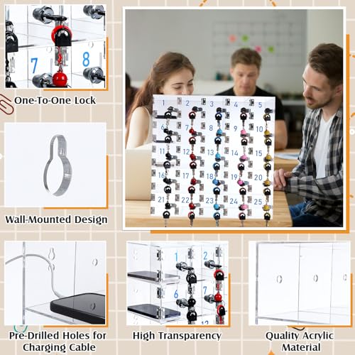 25 Doors Cell Phone Locker Box with Charging Hole (Upgrade Size), Clear Acrylic Cell Phone Storage Cabinet Wall Mounted, Locks, Key, Number for Classroom Employee Office School Factory - style: 25 Doors