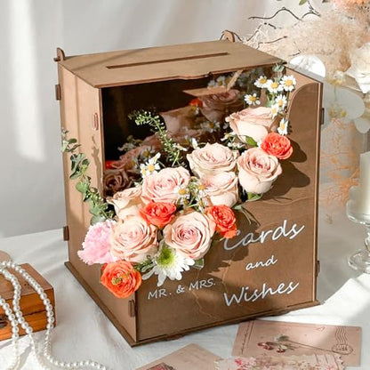 OurWarm Wedding Card Box with Wave Flower Trough, Gift Card Box for Wedding - color: Brown