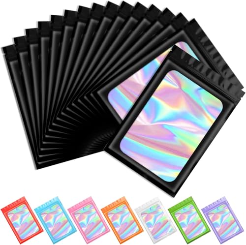 Funfery 100pcs Black Mylar Holographic Bags-Resealable Zipper&Clear Window - color: Black, size: 7 x 10 Inch