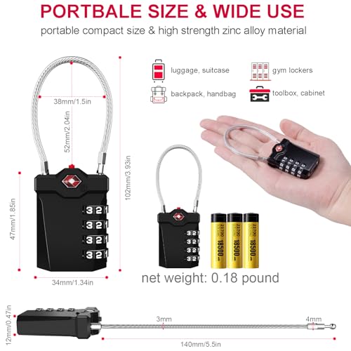ZHEGE TSA Approved Luggage Lock, Travel Lock, 5.5in Flexible Cable (Black) - color: 1p Black