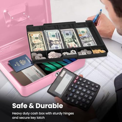 Flexzion Small Cash Box with Money Tray and Lock, 11.4-Inch, Pink - color: Pink