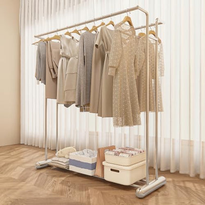 59.4" Double Rod Garment Rack, Metal Heavy Duty Freestanding Clothing Rack with Bottom Shelf, Modern Sturdy Clothes Racks for Bedroom, Boutique Retail Display & Laundry Room, Silver - color: silver