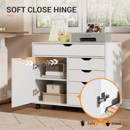 DEVAISE 5 Drawer Wood Storage Cabinet, Office Drawer Cabinet, White - color: White - 1 Large + 4 Small