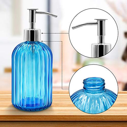 2 Pack Blue Glass Soap Dispenser Bottle with Pump, 14 Oz Refillable Liquid Hand Jar Dispenser for Bathroom, Countertop, Kitchen, Laundry Room - color: Blue