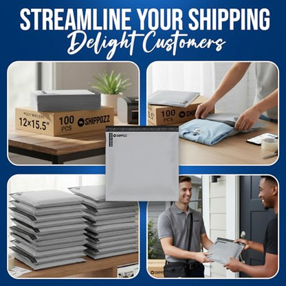 Shippozz 12x15.5 Poly Mailers 100 Pack, Durable Waterproof Polymailers for Shipping Clothes, Self Seal Mailing Bags for Small Business Packaging Supplies, Mailing Envelopes for Books, and Accessories - size: 12 x 15.5 (100pcs)