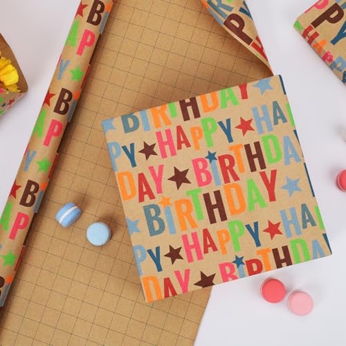 LaRibbons Birthday Wrapping Paper Mini Roll, Kraft Happy Birthday Text - color: Kraft Birthday, size: 17 Inch X 16 Feet