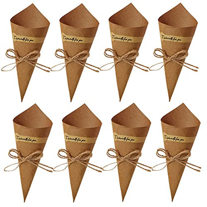 luzen 50Pcs Small Kraft Paper Cones Bouquet Wrapping Paper Cones Wedding Confetti Candy Gift Flower Paper Cones Holder with Hemp Ropes for DIY Wedding Table Decor Party Gift Packaging, Brown