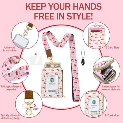 Easy Carry Roomy Leather Zipper Lanyard Wallet for Women, Adjustable Lanyard with ID Holder, RFID Badge Holder, Pink Bow Wallet with Wristlet Strap and Keychain for Teacher Work Office Gift - color: Bow Cherry