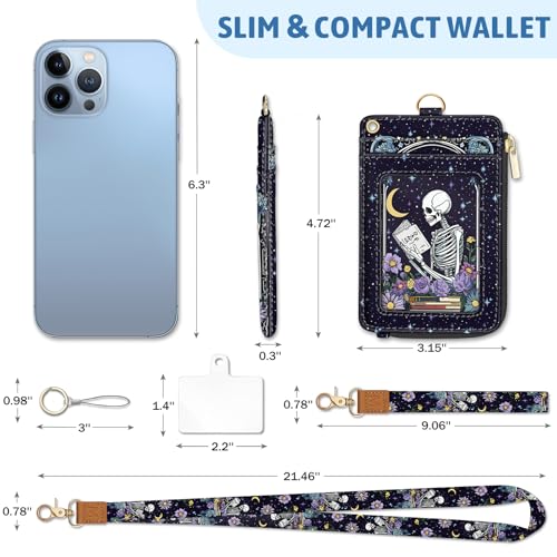 Goth Skeleton Book Lanyard Wallet with ID Badge Holder, Small RFID Keychain - color: Book Skeleton
