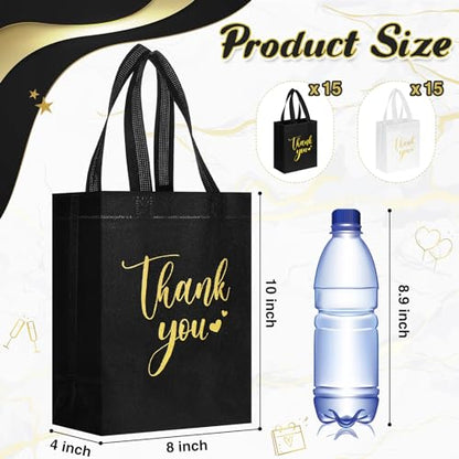 Sweetude 30 Thank You Non Woven Gift Bag, 10 x 8 x 4 Inch, Black, White - color: Black, White, size: 10 X 8 X 4 Inch