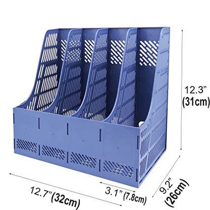 SAYEEC Sturdy Magazine Organizer Folder Desktop 4 Compartment File Holders Plastic Frames File Dividers Document Cabinet Rack Storage Box for Office Home School Blue - color: Blue