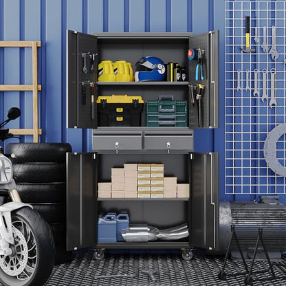 71-Inch Garage Storage Cabinet with 2 Drawers, Wheels and Pegboard - color: Black, size: 16"D x 30"W x 71"H