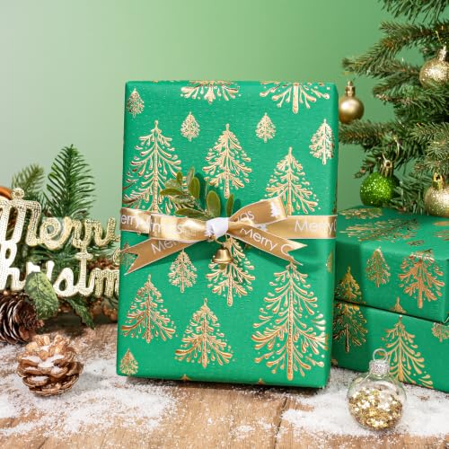 WRAPAHOLIC 3D Kraft Christmas Wrapping Paper Roll - 30 Inch x 16.5 Feet - Gold and Green Christmas Tree Wrapping Paper with Embossed Perfect for Holiday, Party Celebration - color: Christmas Tree - Green & Gold, size: 30 inch x 16.5 feet