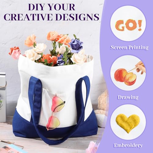 Reginary Large Canvas Tote Bag Bulk - color: Navy Blue and White