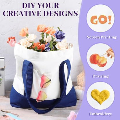 Reginary Large Canvas Tote Bag Bulk - color: Navy Blue and White