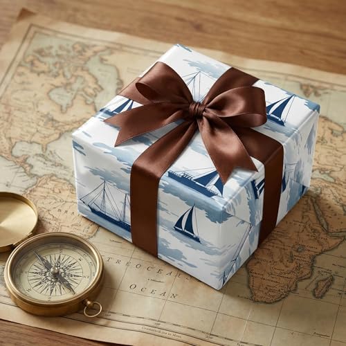 SaringSwoon Blue Ocean Wrapping Paper - Nautical Sailboat Gift Wrap with Ocean Boat and Waves Design for Birthday, Baby Shower, Summer, Father's Day, Graduation - 28×40 Inches, 4 Jumbo Folded Sheets - color: Blue Sailboat