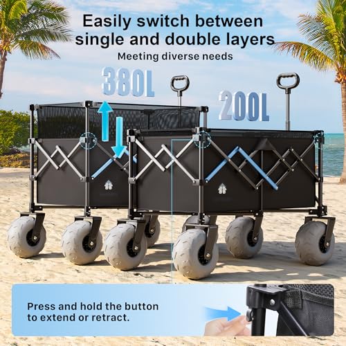 Beach Wagon with Big Wheels for Sand, 450LBS Heavy Duty Foldable Wagon Cart - color: Black, size: 380L